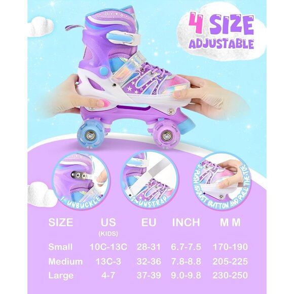 Kids Purple Rainbow Adjustable Light Up Roller Skates With Fluffy Pom Poms - Picture 4 of 9